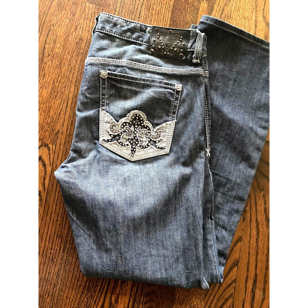 Guess Jeans Starlet Straight Leg Stretch Blue Jeans Scoring Embellished  Size 31
